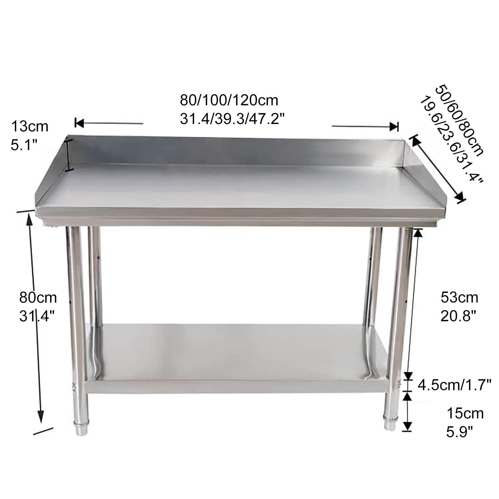 Tavolo da lavoro in acciaio inox, con 2 ripiani, in metallo, resistente, per cucina, ristorante, bar, hotel, garage (80 x 50 cm)