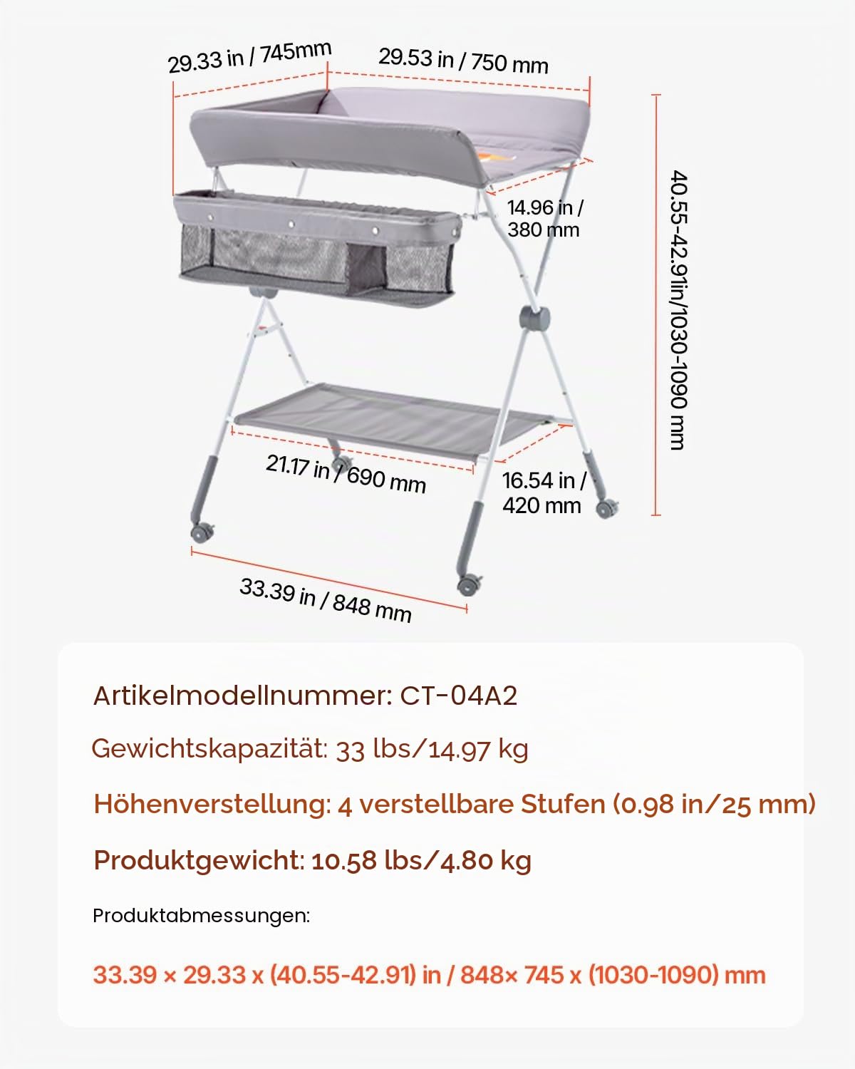 VEVOR Wickeltisch faltbare Wickelstation mit 2 Stoffschubladen & Seitenkorb & Kleiderstange, höhenverstellbarer tragbarer Wickelkombi mit feststellbaren Rädern, multifunktional Kinderzimmer hellgrau