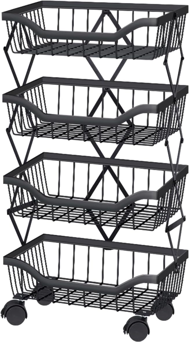 Fruit Basket for Kitchen 4 Tier Stackable Fruit Vegetable Storage Baskets with Wheels Metal Wire Storage Basket Organizer Cart for Kitchen Livingroom Diningroom Office, Black