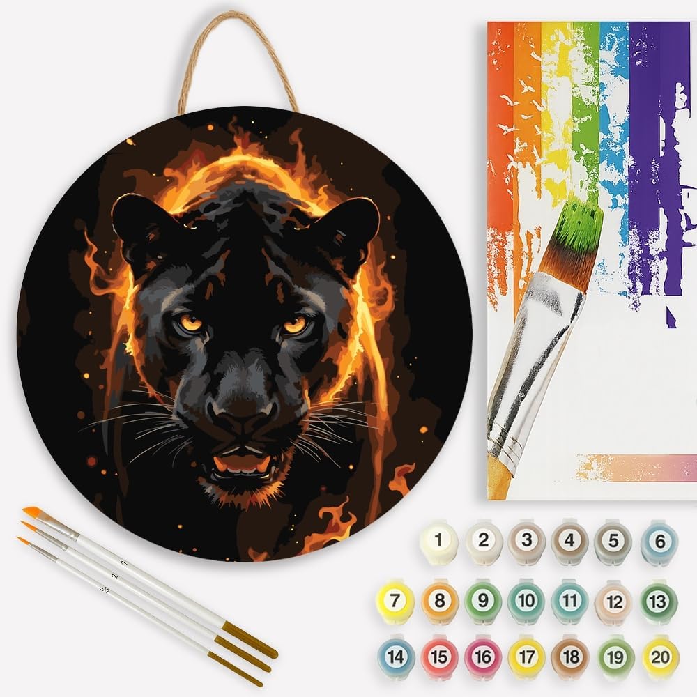 TAOPAOLAB Black Panther Paint by Numbers Kit for Adults on Wood Board – DIY Fiery Panther Wood Craft Painting Kit, 12 in Round, Acrylic Paint Set, Beginner-Friendly, Relaxing Home Decor Gift
