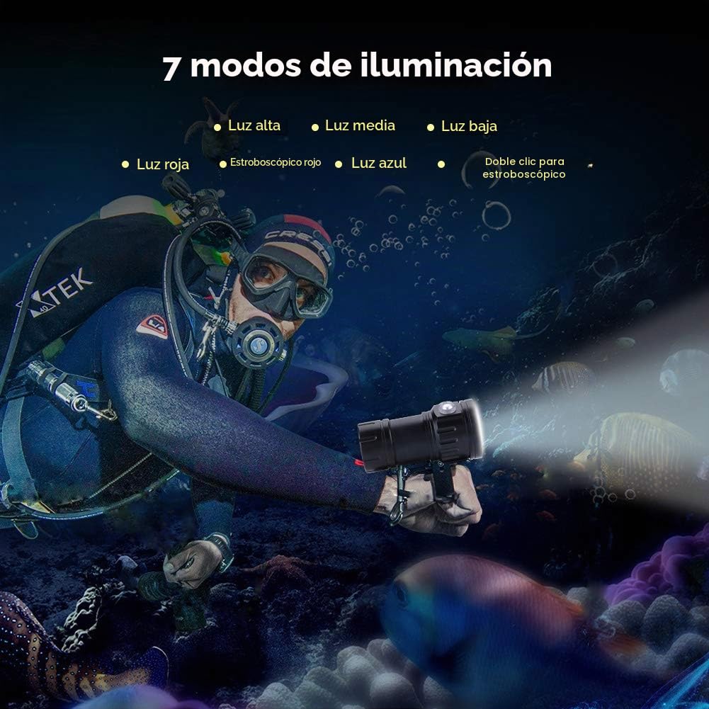 Linterna de Submarinismo (bucear) 18000 IPX8 Encendedor de Luces sumergibles de 500M LED Submarino de Linterna para deportes Submarinos al aire libre