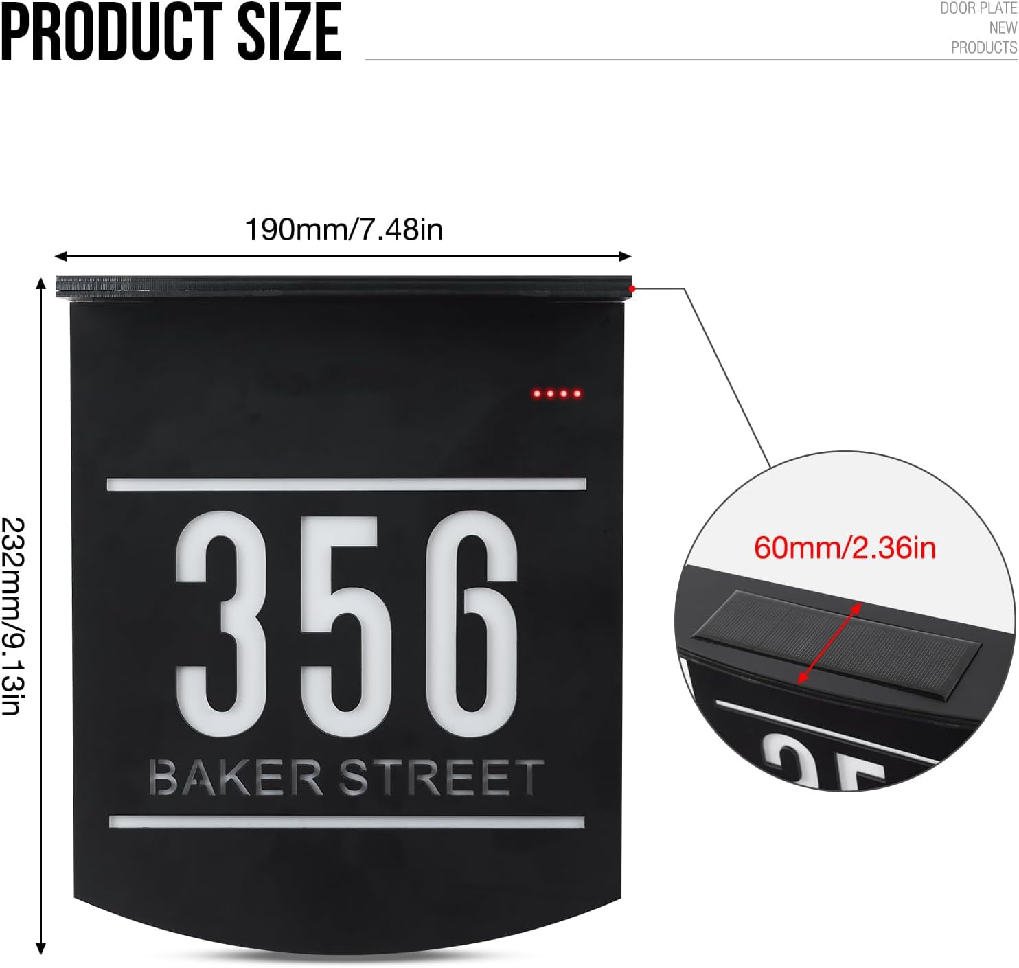 Solar Address Sign Lighted Address Plaque Outdoor Waterproof Illuminated LED Acrylic Address Numbers, Wall Mount House Numbers for Outside (A-Solar Address Sign)