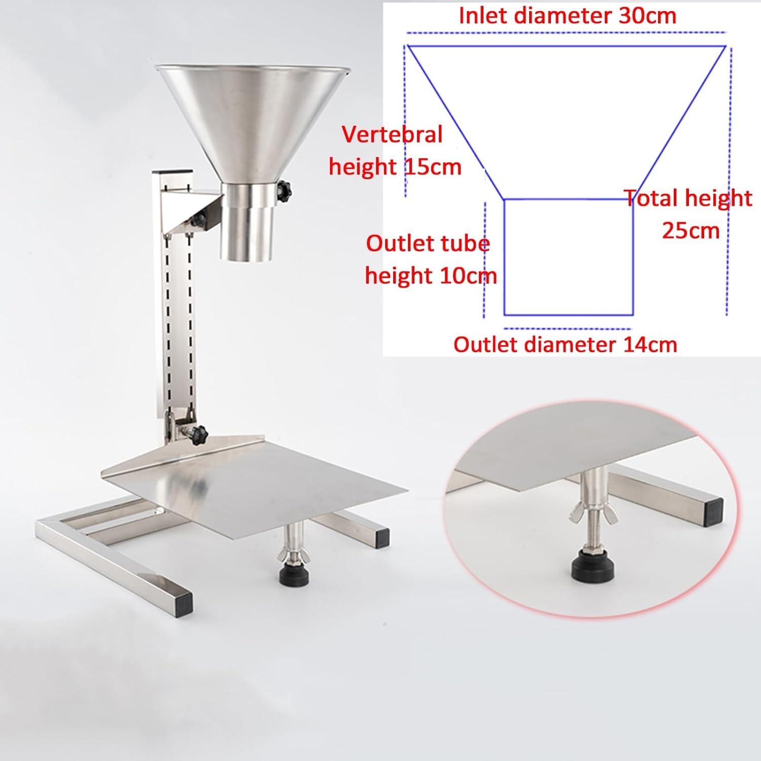 Fertigfuttertrichter mit Halterung und Tablett, höhenverstellbar für Pulver, Flüssigkeit, Granulatverpackungen, 304 Edelstahl, 50 kg Kapazität, mehrere Exportdurchmesser (2–18 cm)