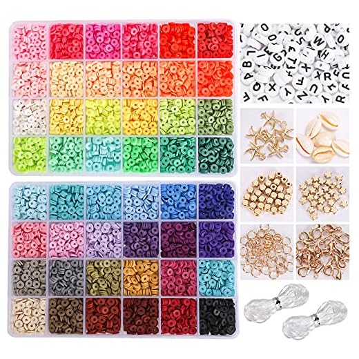 Quefe 6300pcs Clay Heishi Beads with 130pcs Letter Beads, Polymer Flat Round Disc Beads Kit with Elastic String, Pendant, and Jump Rings, for DIY Jewelry Marking Bracelets Necklace, 48 Colors 6mm