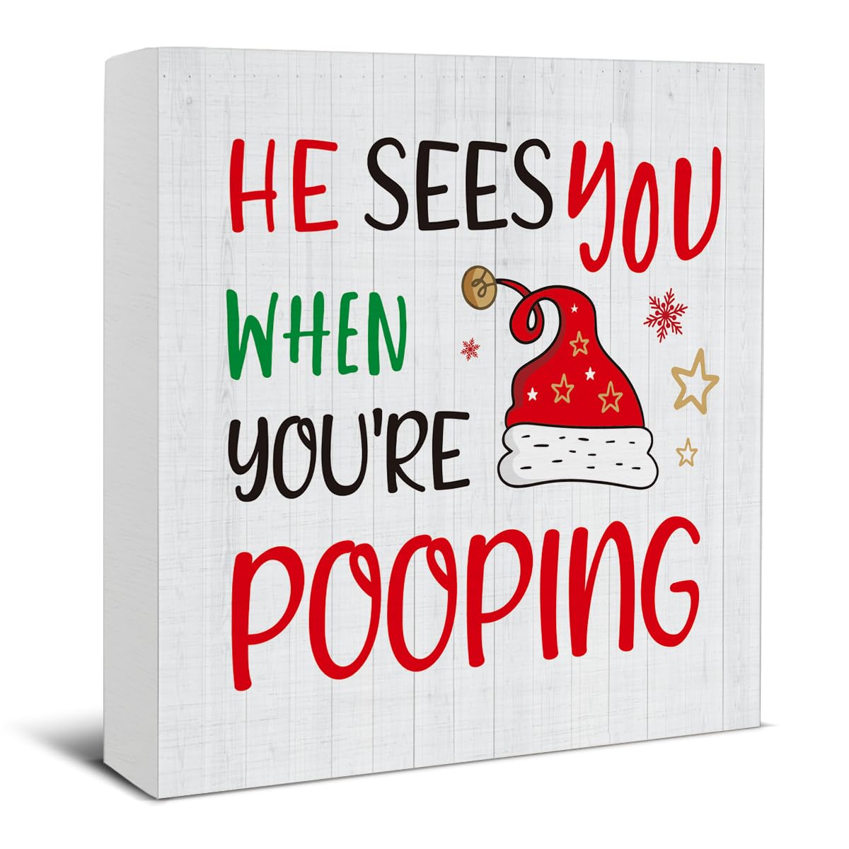 Christmas Bathroom Decorations - Funny Christmas Decor, He Sees You When You're Pooping Bathroom Wooden Sign, Home Decor for Desk Table Shelf 5 X 5 Inches