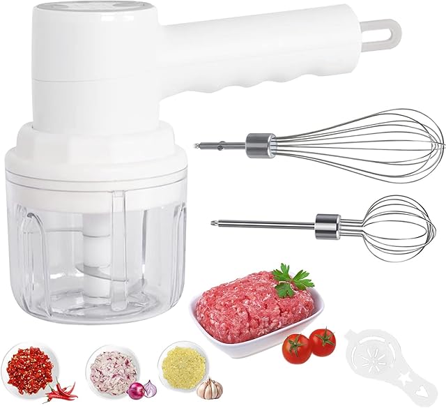 Cuteefun Electric Garlic Chopper, 2 in 1 Multifunction Handheld Whisk Egg Beater, Hand Mixer for Baking, USB Rechargeable, 3-Speed Adjustable, 250ml Mini Chopper for Onions, Meat, Ginger