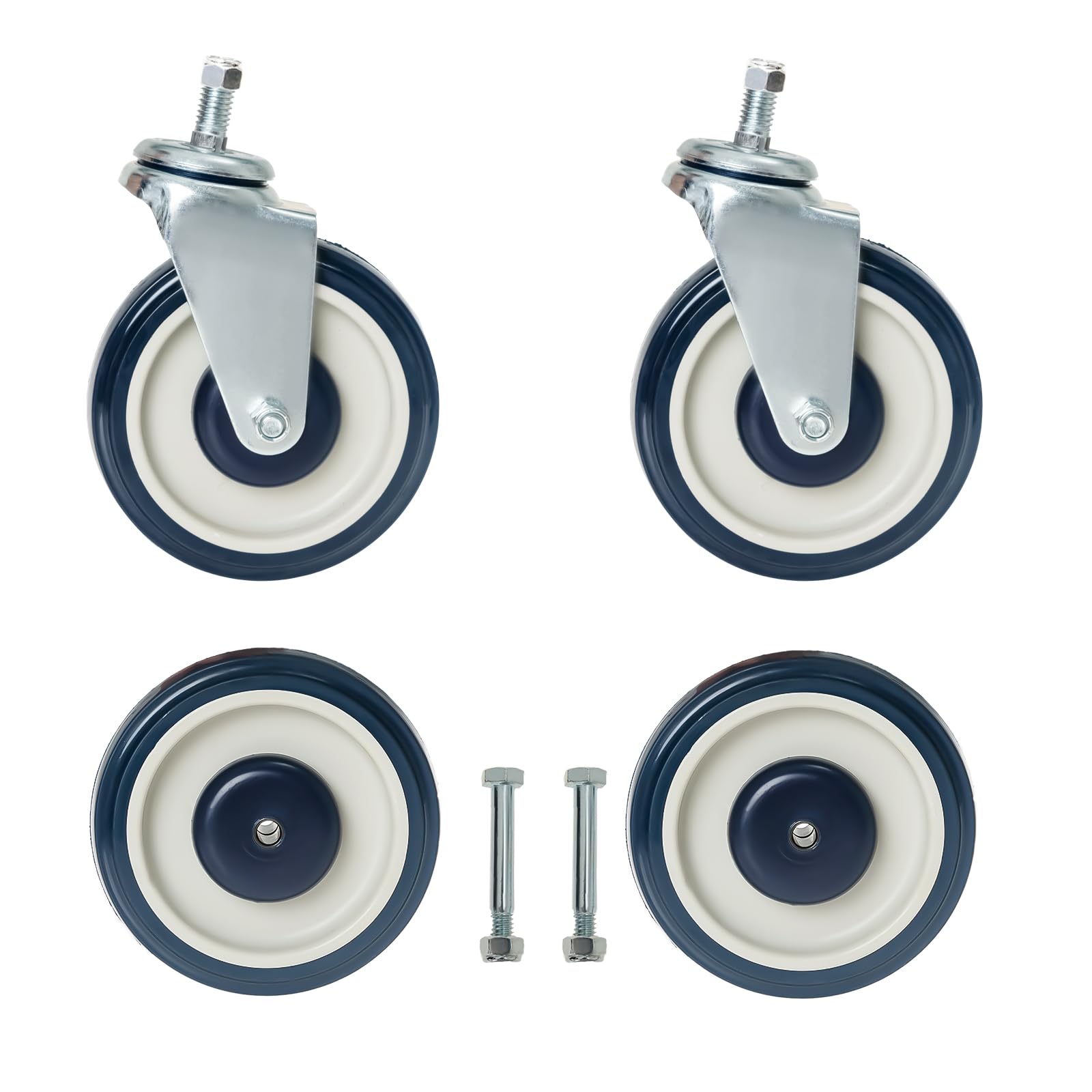 DUPDMKIN Shopping Cart Wheels Replacement, 4 Pack 5 Inch TPU Cart Wheels, 2 Stemless & 2 Stem Threaded Caster Wheels for Retail Stores and