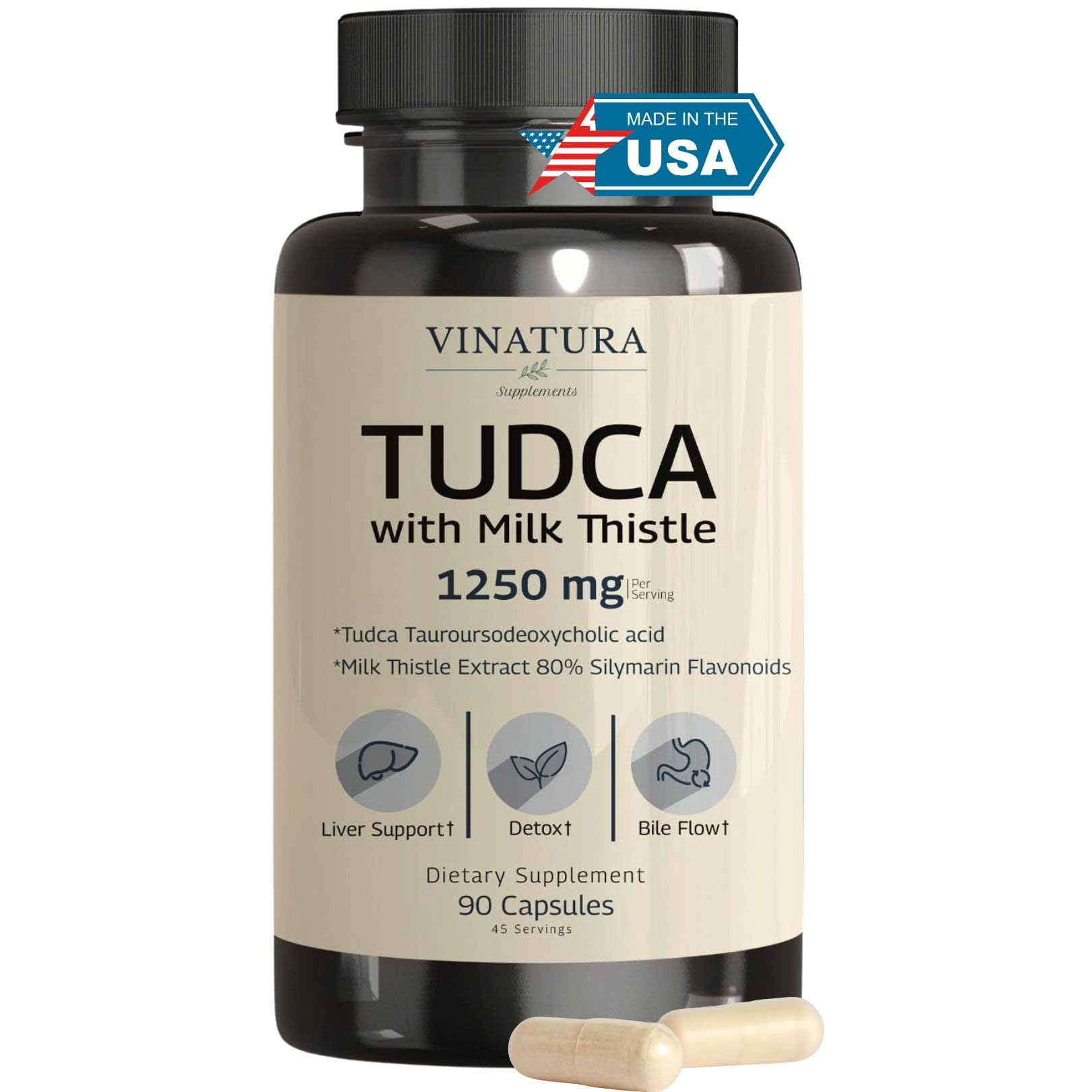 VINATURA TUDCA Milk Thistle 1250mg - Tudca Supplement, Tudca Bile Salts, Liver Support, Gallbladder Supplements *USA Made and Tested* Bile Salts Supplement - 90 Capsules