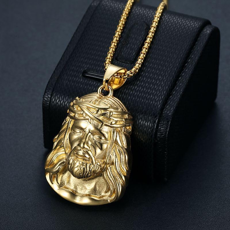 Fanshu Stainless Steel Jesus Charm Pendant Gold Human Face of Christ God Hip Hop Collar Chains Necklace for Men Women Couple Friends Christians Gift Fashion Jewelry3