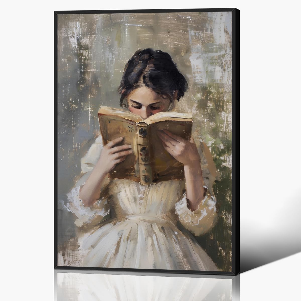 Anslipswar Woman Read Book Canvas Wall Art, Aesthetic Reading Poster, Victorian Bookish Women Portrait Oil Painting, Rustic Light Academia Feminine Picture for Girls Bedroom Nursery 30x40cm Framed