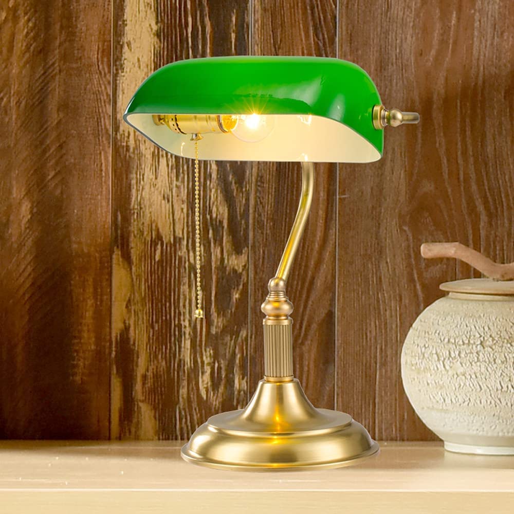 Lámpara de mesa de banqueros vintage de latón Art Deco Classic Antique Table, lámpara de banqueros retro de vidrio de oro y sombra verde, iluminación interior E27, luces, lámparas, sala de estar