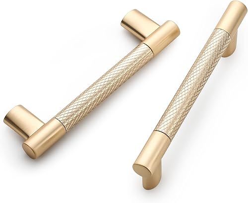 Paquete de 10 manijas de gabinete de latón cepillado moleteado de 4 pulgadas (4.016 in), tiradores dorados de gabinete de cocina, manijas de