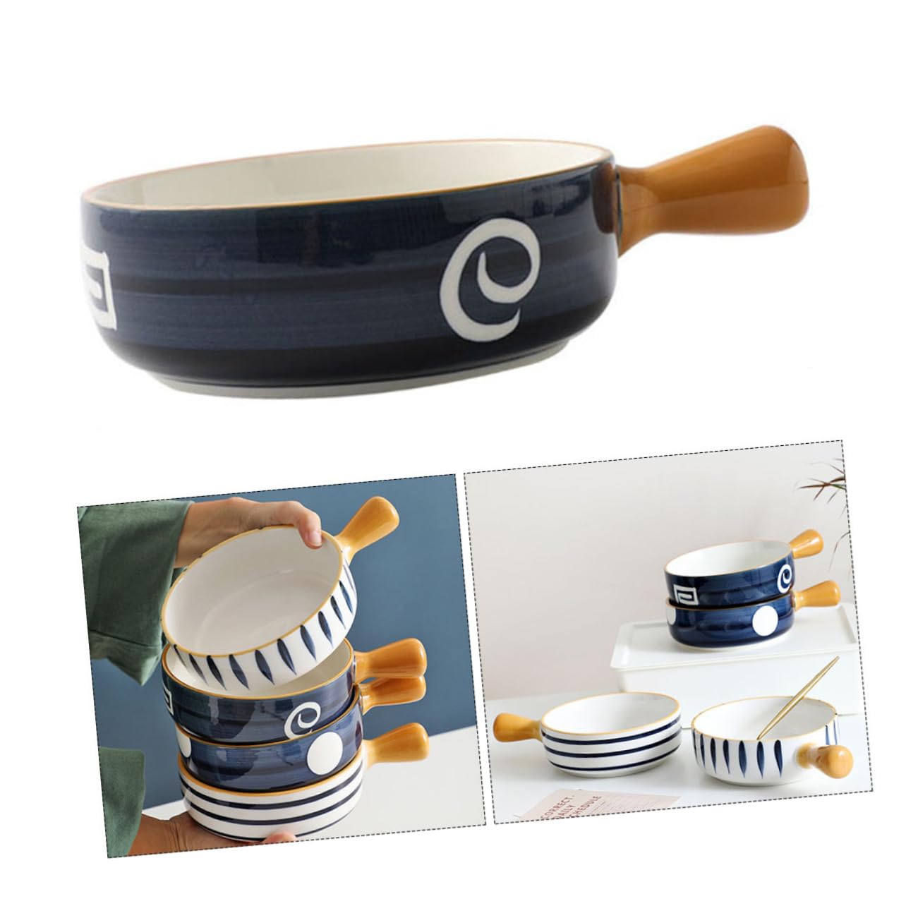 Mipcase Cuenco de Cerámica Azul Multiusos con Asa para Hornear y Servir Ensaladas en Cocina y Hogar, Tazón Redondo Resistente y Decorativo
