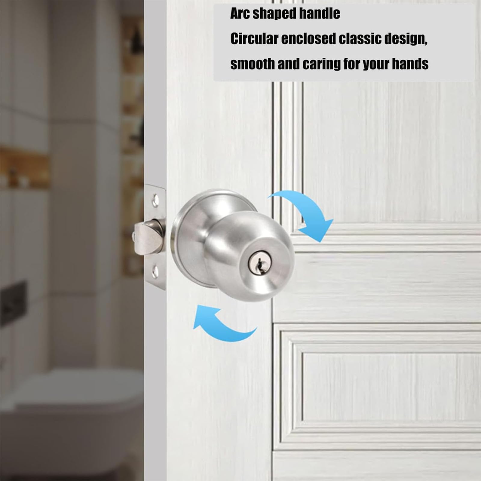 huifllyhui Door Knob with Lock and Key,Entry Door Knobs with Lock and Keys, Exterior/Interior Door knob for Bedroom or Bathroom,Satin Nickel Door Handle,Entry Door (2, Silvery) - Image 3