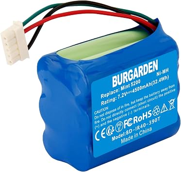 7.2V 4500mAh Ni-MH Replacement Battery for iRobot Mint 5200 5200B 5200C and Braava 380 380T 390T Vacuum Cleaner