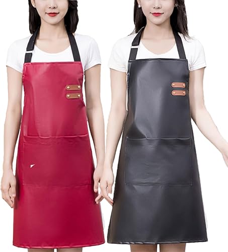 Miniatura 9 de Waterproof Apron Large Pocket PU Material Waterproof Oil-proof Dust-proof Apron Black and Red