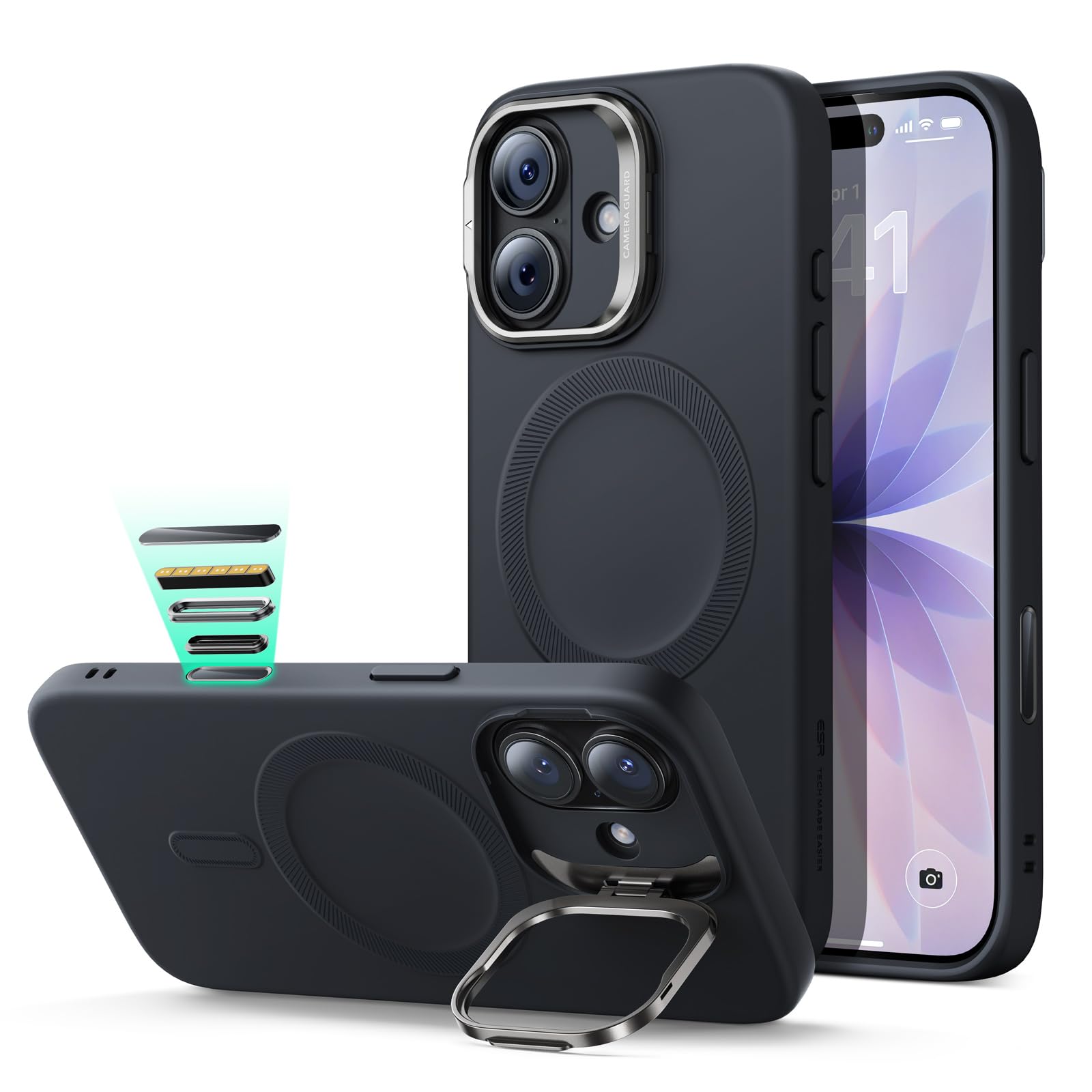 ESR Cover per iPhone 17, Compatibile con MagSafe, Custodia in silicone, Protezione antiurto di livello militare, Supporto Stash, Copertura per il controllo della fotocamera, Nero