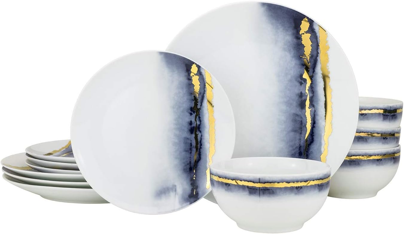 Euro Porcelain 12-Piece Marble Dinner Plates Set - 24K Gold Vintage Dining Service for 4 (Blue)