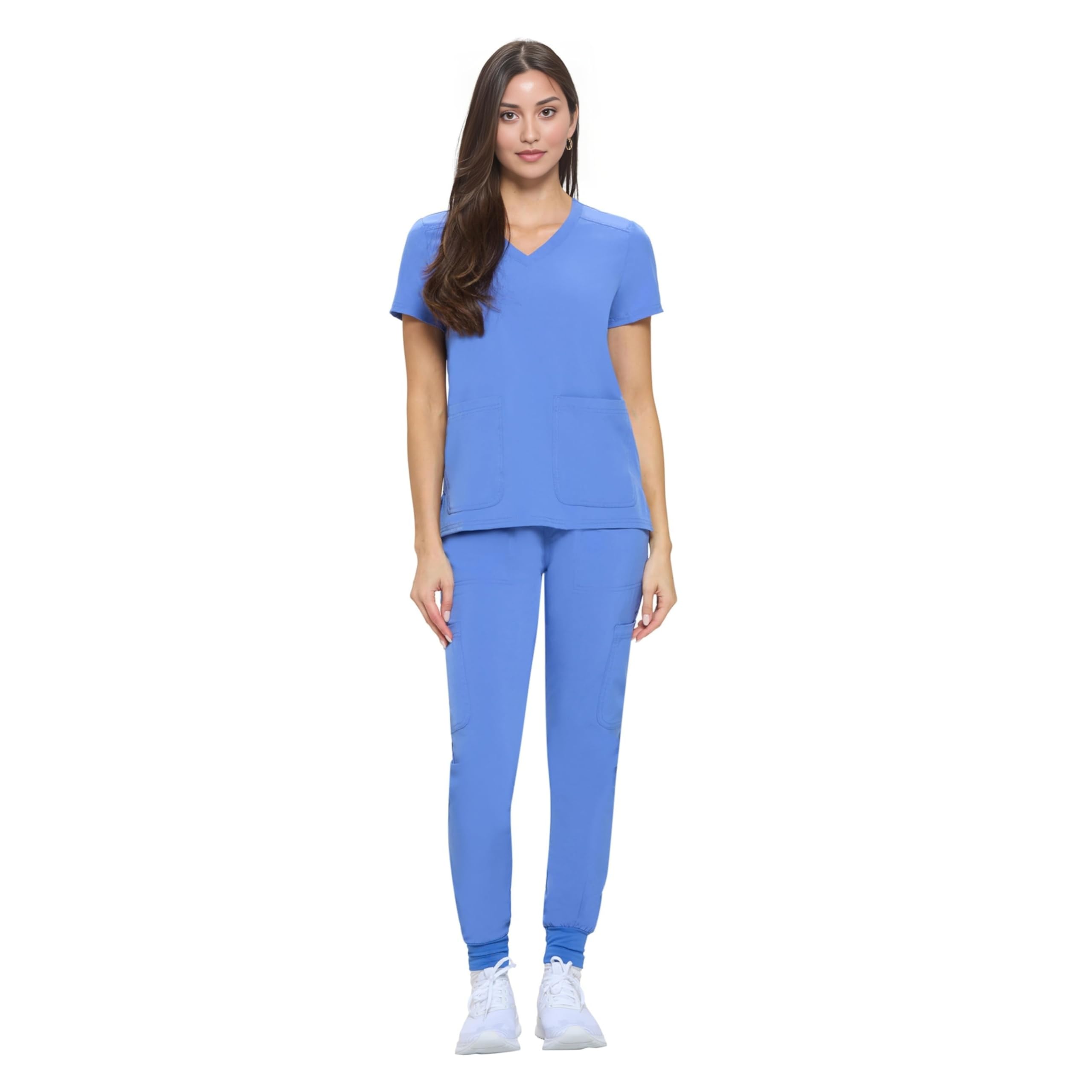 ACTIVE UNIFORMS Women's Essential Scrub Set Cool Stretch Jogger Scrub Top and Pant Nursing Uniform Clearance Workwear (Ceil Blue, Large)