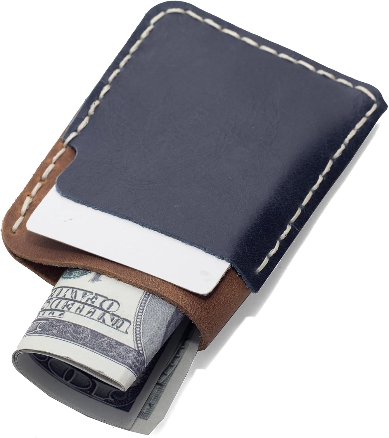 Slim Leather Card Holder Wallet, Minimalist Front Pocket Design, Navy Blue and Brown - Image 5