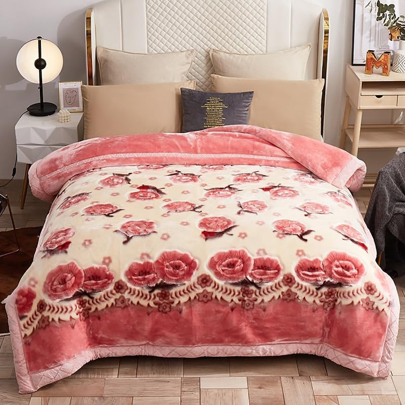 78.7" x 90.5" Warm Plush Throw Blanket, Korean Mink Heavy Flower Pattern Bed Blankets, 2-Ply Reversible Soft Raschel Pink Throws for Autumn Winter Bedding