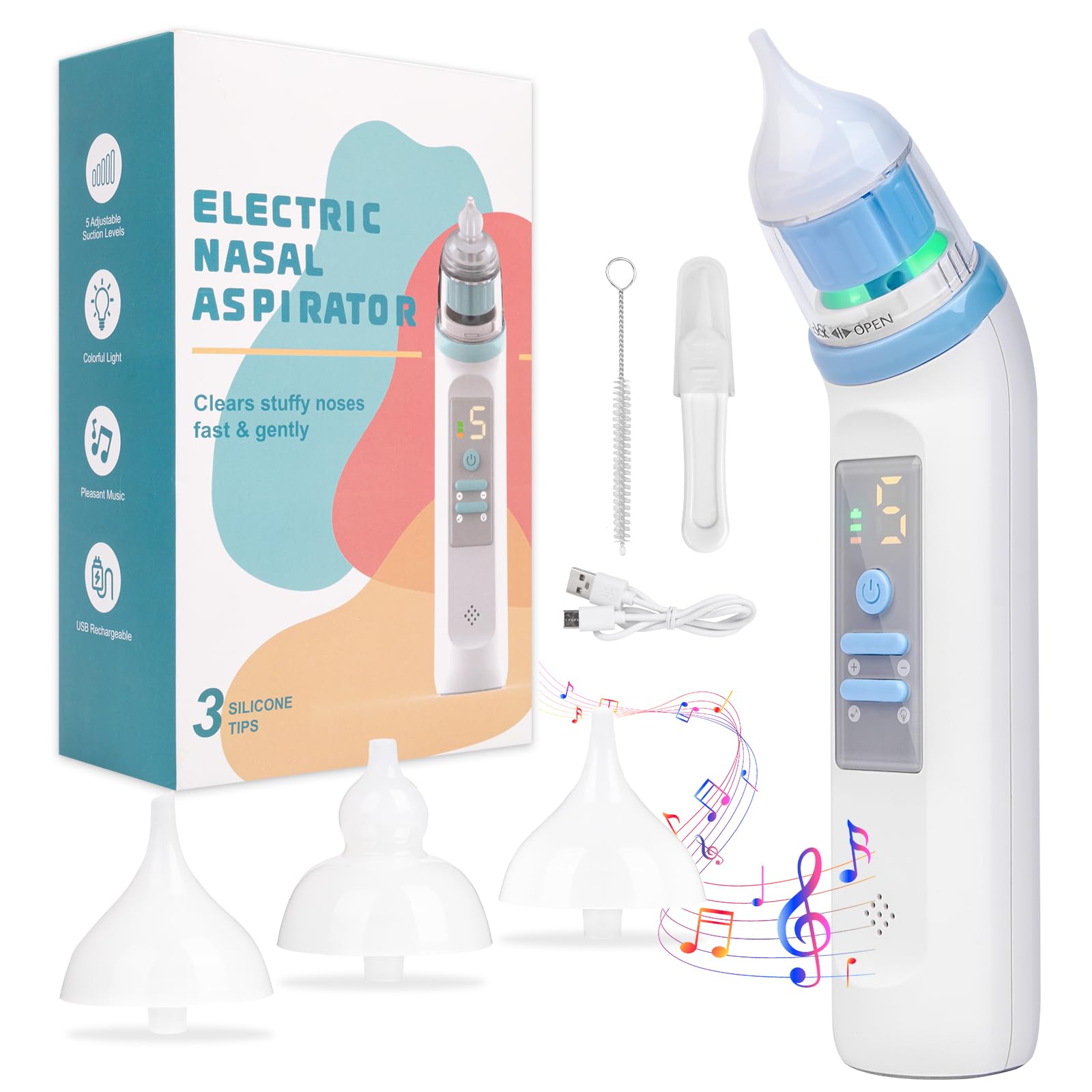 Elektryczny aspirator do nosa, 5 poziomów ssania, akumulatorowy odkurzacz do nosa, z końcówkami w 3 rozmiarach, funkcją muzyki i światła, aspirator do nosa dla niemowląt dzieci i dorosłych