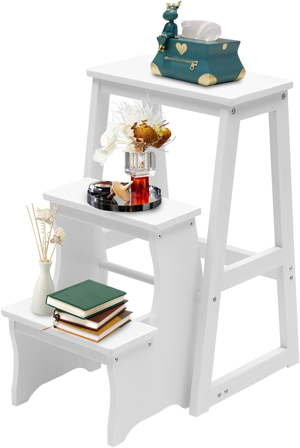 Folding Library Ladder Chair, Lightweight Portable Multifunctional Step Stool, 3-Step Stool Stepladders, Display Stand and Flower Stand for Home,Kitchens, Garages (White)