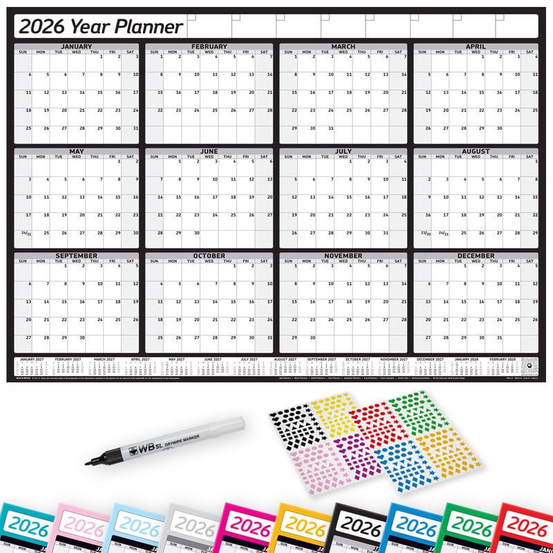 PlannerHead 2026 Laminated Wall Planner Calendar Chart Poster/Yearly Calendar 2026 / Grid Style 12 Months with Pen & 400 Stickers / 2027 Footnote Included/Black/Extra Large (68x100cm)