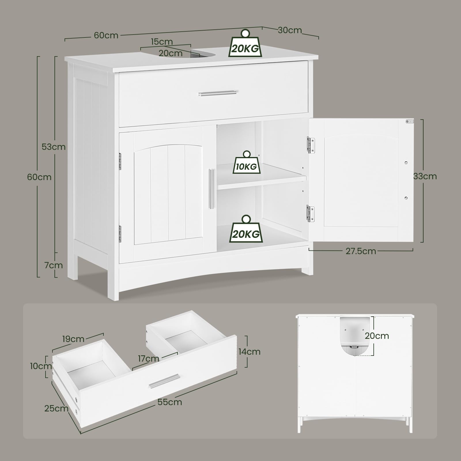 EUGAD Waschbeckenunterschrank, Badezimmerschrank mit Schubladen, 2 Fächer hinter Tür, verstellbare Ablage, Badezimmer Unterschrank, Waschtischunterschrank weiß, 60x60x30 cm