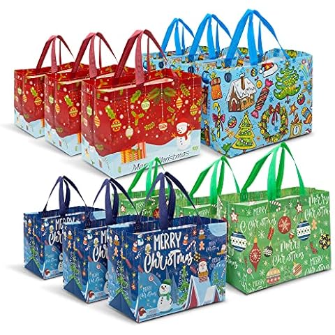 Festive Fix 12 Christmas Gift Bags - Reusable Gift Bags with Festive Design for Xmas Present | Christmas Theme Tote Bags with Strong Handles for Gifts Wrapping | Holiday Treat Box and Party Supplies Cover