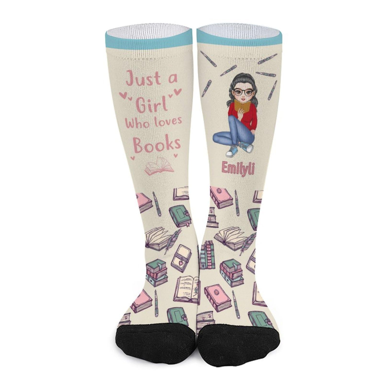 KKIIOEXX Just a Girl Who Loves Books Socks,Personalized Reading Book Crew Socks,Custom Crew Sock With Name Portrait Text,Christmas Gifts for Book Lovers Women Readers Bookworms Librarians