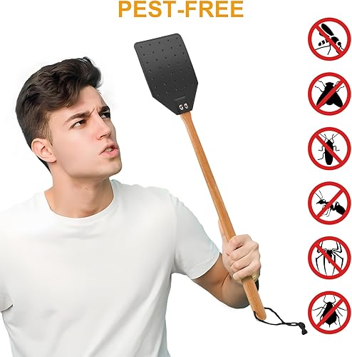 Miniatura 6 de Matamoscas de cuero para interiores y exteriores, matamoscas resistente con mango de madera de nogal de 19.7 pulgadas de largo, manual para