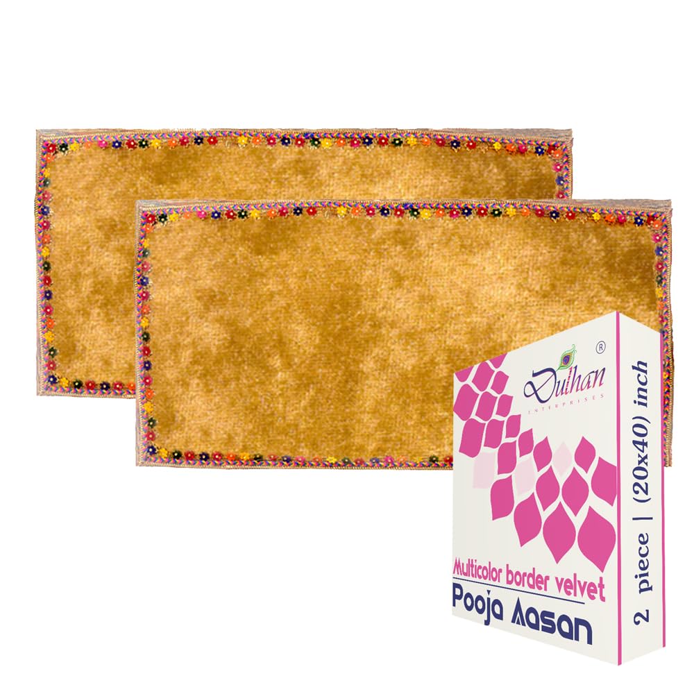 Dulhan 1/2 Meter (20x40 inch) Big Large Size Long Velvet Yellow Pooja Aasan Altar Cloth for God Idol, Puja Chowki kapda mat for Mandir Table and Bhagwan Temple Shelf, Diwali Decoration (Pack of 2)-picture-14