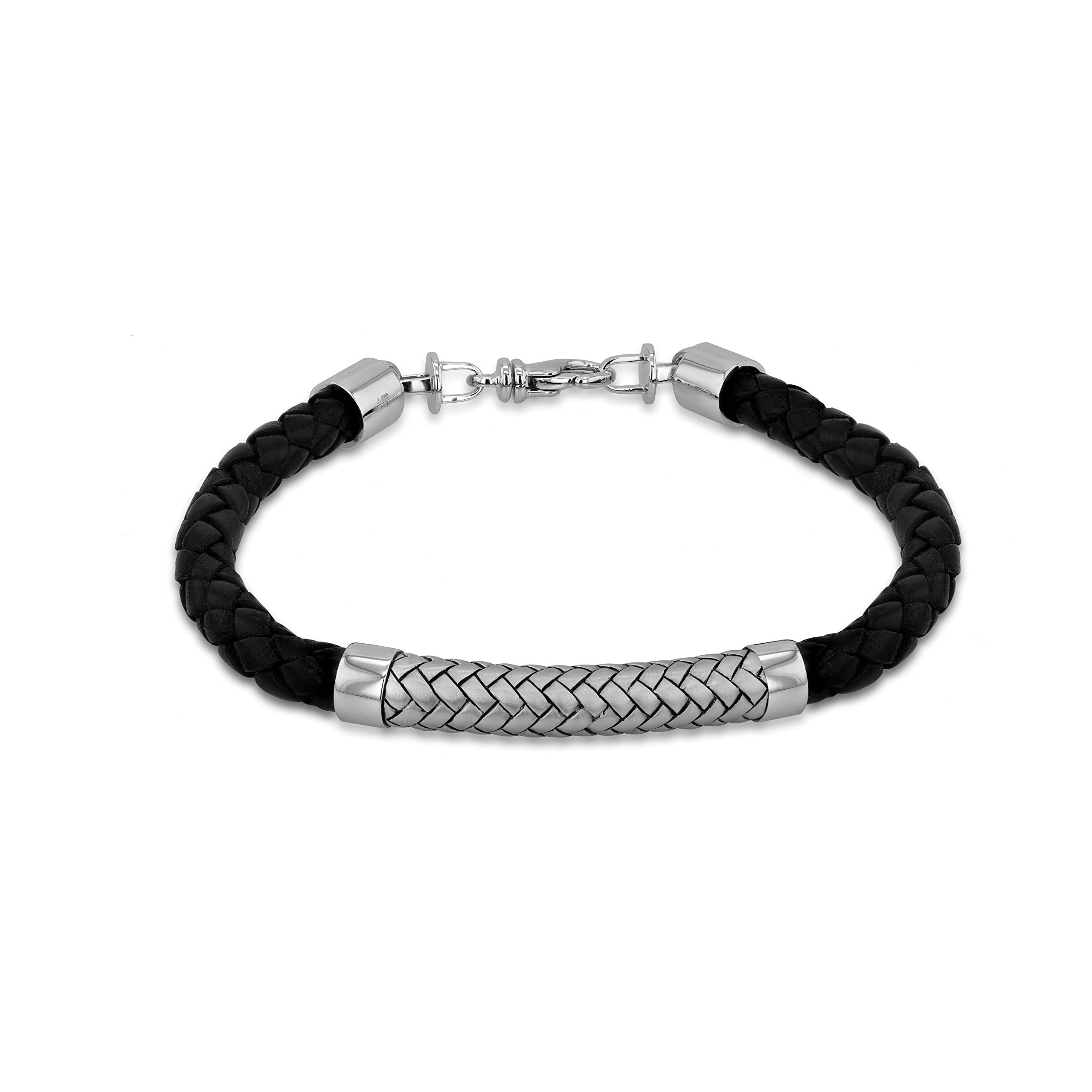 Tuscany Silver Pulsera de Plata de Ley de 7.5 mm con Cuero Negro y Satén en Espinapez para Hombre de 21.5cm/8.5"