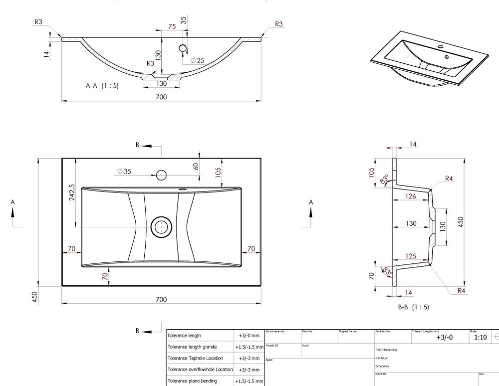 Einbau-Waschbecken 70x45x15cm eckig | 70cm Einbau-Waschtisch zum einlassen in eine Platte | Material: hochwertiges Mineralguss | Qualität MADE IN EU