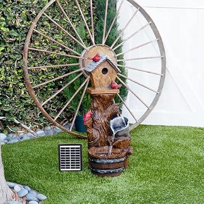Alpine Corporation ZEN882SLR 32" Solar-Powered Birdhouse Fountain with Cascading Water and LED Lights - Outdoor Garden Decor, Brown