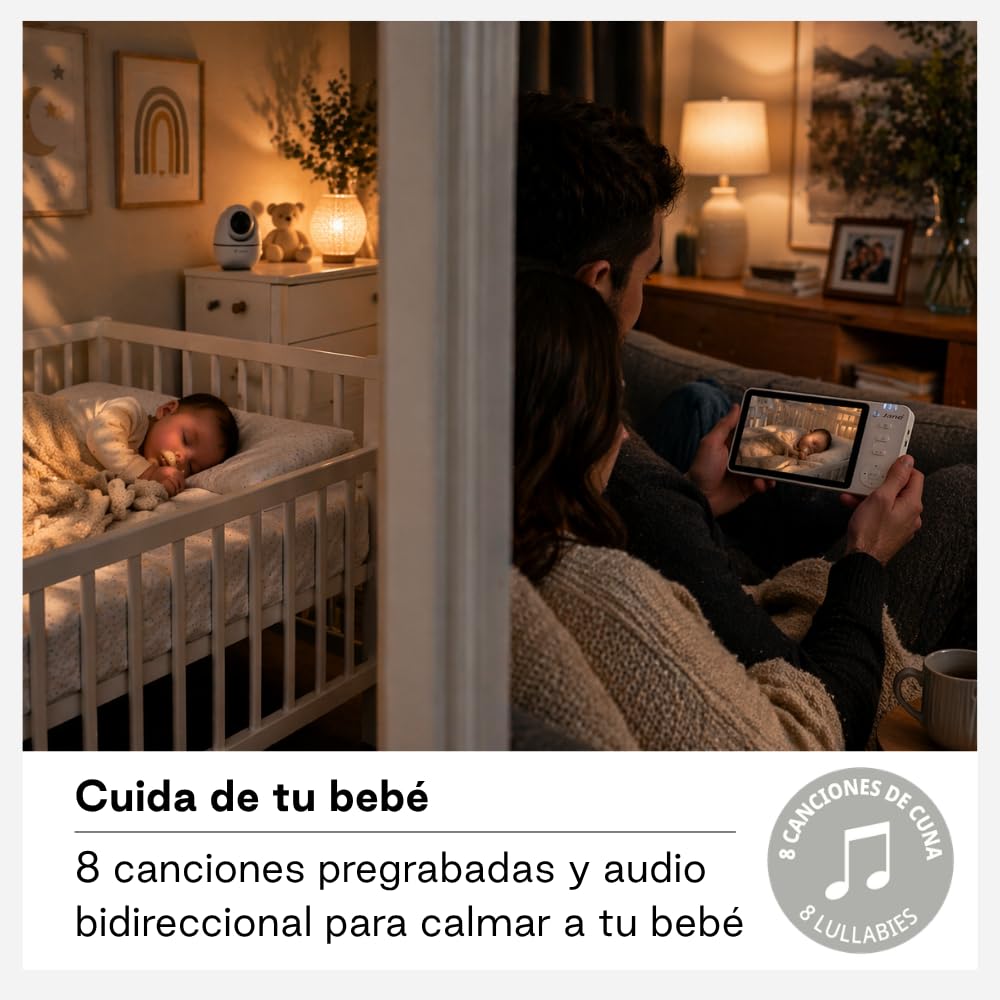 Jané Eye Pro Baby Monitor, Vigilabebés con Cámara Giratoria, Inclinación Motorizada, Pantalla 5", Audio Bidireccional, Visión Nocturna, Gran Alcance, con Música, Batería Bajo Consumo