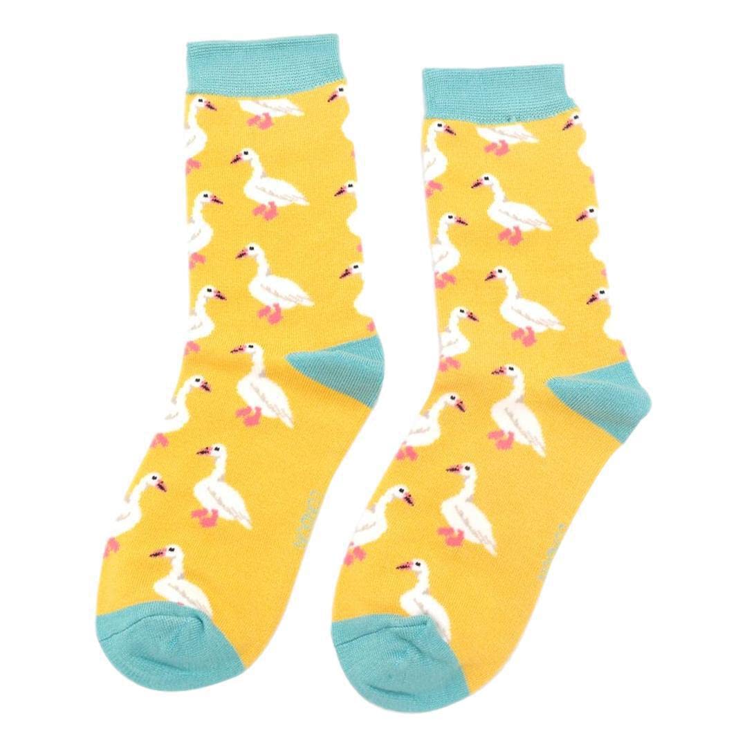 White Ducks on Yellow Ladies Novelty Ankle Socks Adult One Size