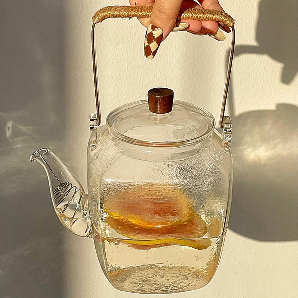IwaiLoft IL-G1968 Handmade Heat-resistant Glass Teapot with Tea Infuser Glass Pot Copper Handle Jumping Tea Pot Fruit Tea Leaf Tea Flower Tea Craft Tea Half Tea Can Open Fire Capacity Large Capacity :