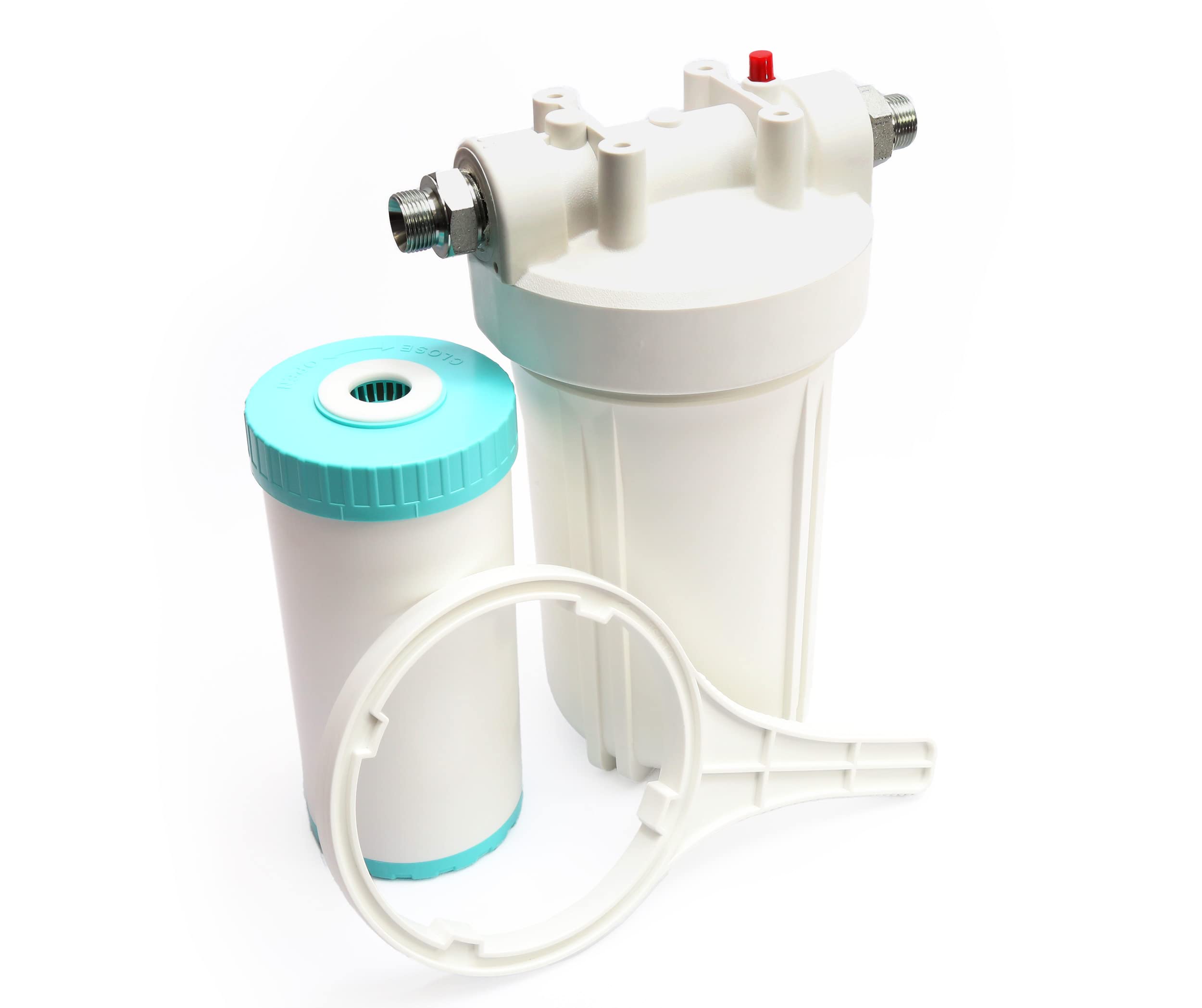 Carcasa de filtro Big Blue con 10 x 4,5 pulgadas polifosfato de agua y conectores de acero inoxidable de 3/4 pulgadas para lavadora y lavavajillas.