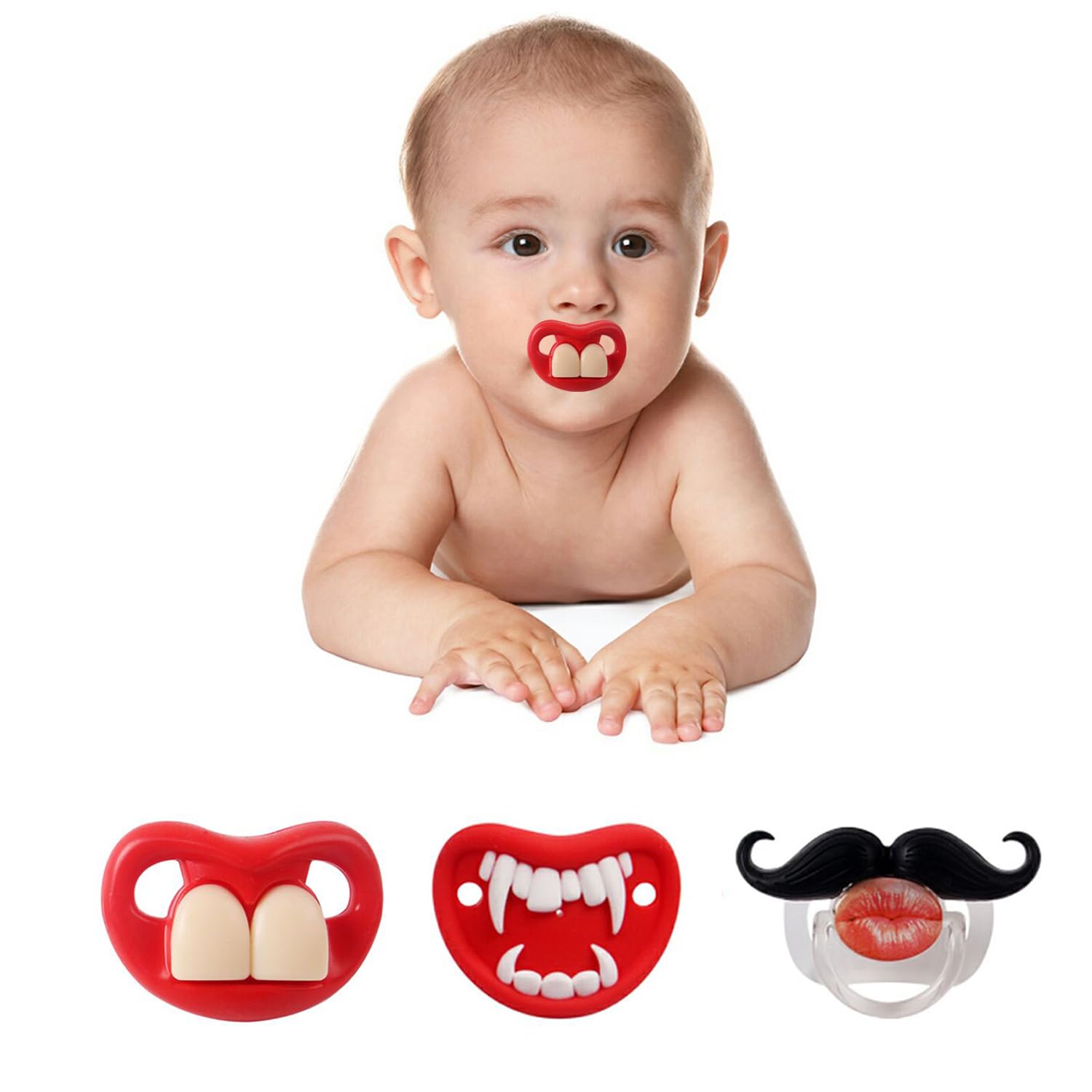 ROBBEAR Funny Baby Pacifier, Cute Mustache Binkies, Fake Big Teeth Binky Bucktooth Halloween Pacifiers for Babies 0-36 Months, Silicone Nipple Baby Binkies, BPA-Free, Gift for Infants