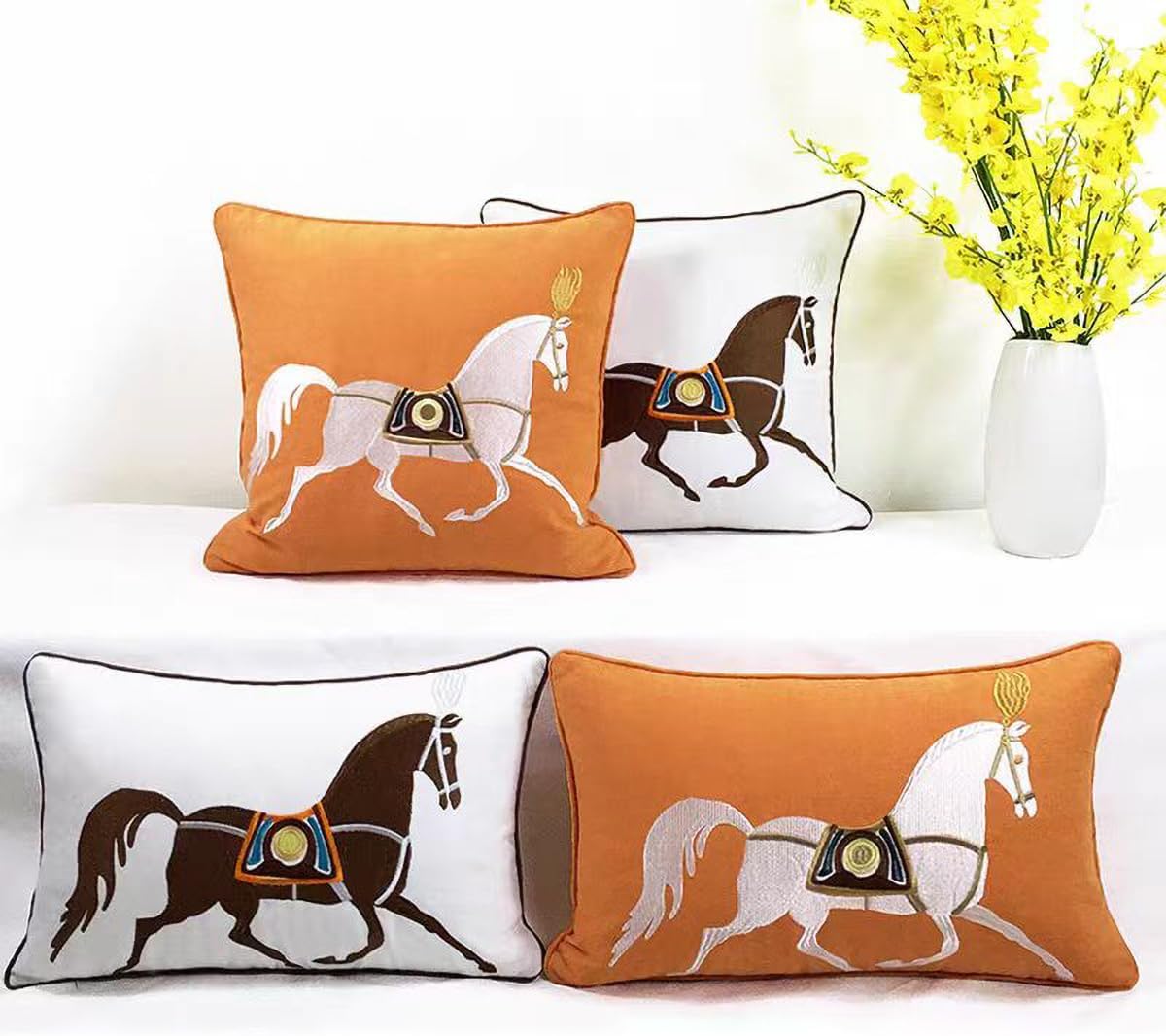 12x20 Orange Embroidered Horse Velvet Throw Pillow Cover - Fringed Retro French Style for Sofa, Couch, Bedroom, Farmhouse Decor