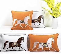 12x20 Orange Embroidered Horse Velvet Throw Pillow Cover - Fringed Retro French Style for Sofa, Couch, Bedroom, Farmhouse Decor