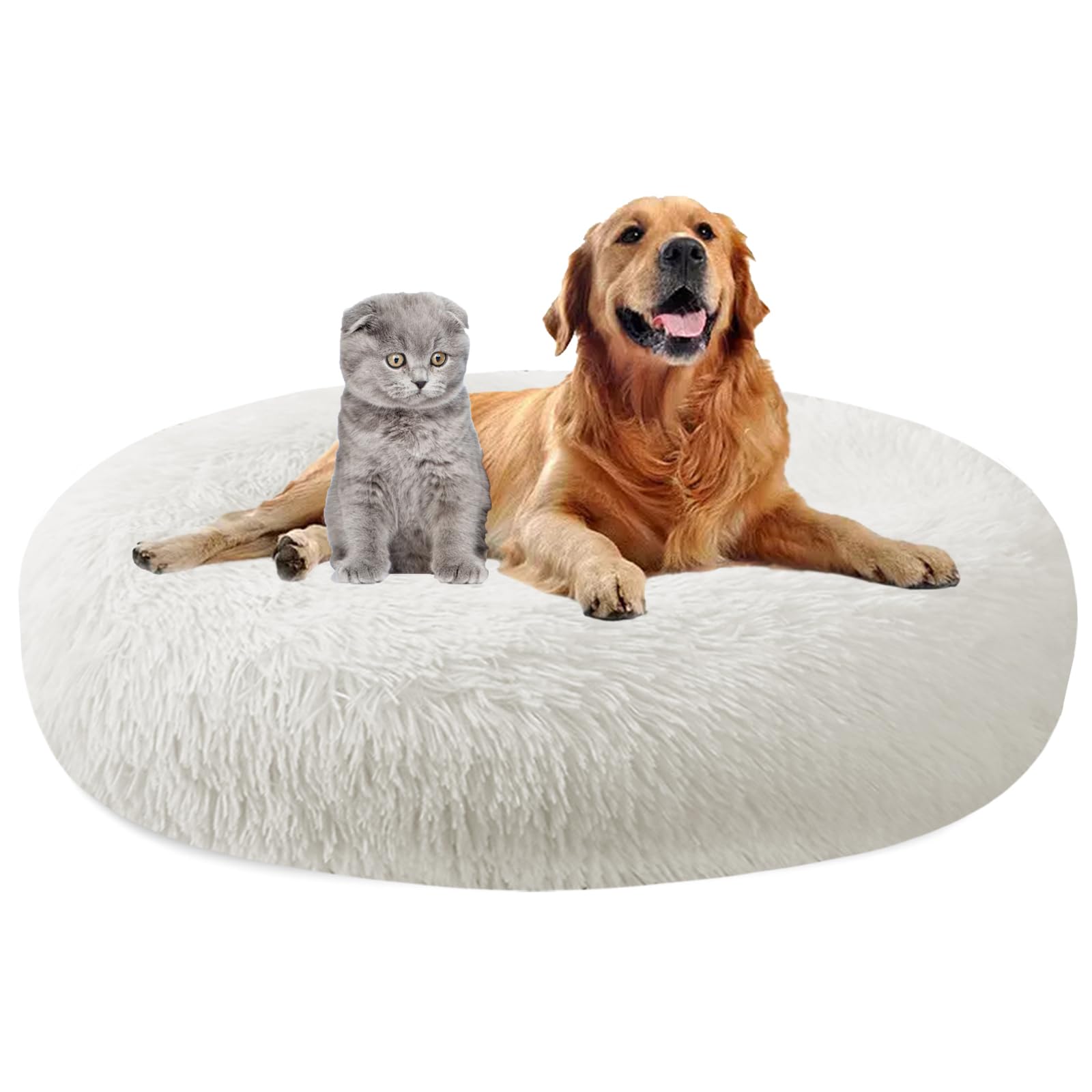 MAIFENGL Calming Dog Bed Plush Donut Pet Bed, Fluffy Washable Non-Slip Plush Cuddler Warming Round Dog Cat Bed- White|| Ø110cm/43in