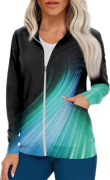 Scrub Jackets for Woman Zip Up Long Sleeve Tops Print Plus Size Womens Scrubs for Women Nursing Shirts with Pockets