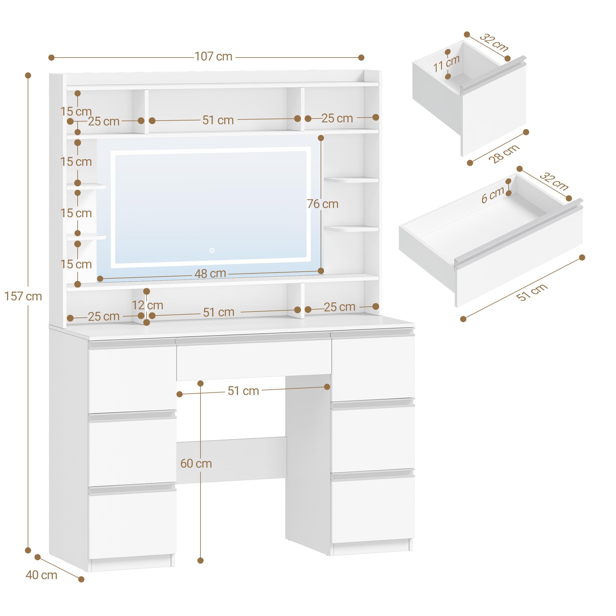 Hzuaneri Coiffeuse avec Grand Miroir, Coiffeuse avec Éclairage LED, Blanc