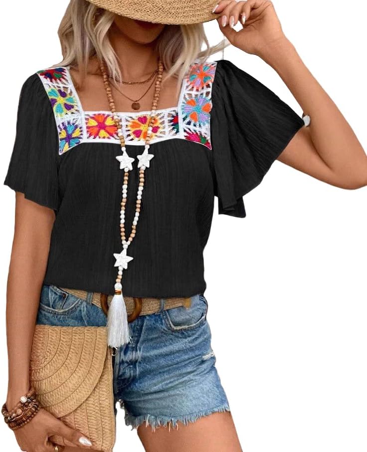 Melliflo Womens Summer Boho Floral Crochet Ruffle Short Sleeve Shirts Hollow Out Square Neck Tops Dressy Casual Blouse