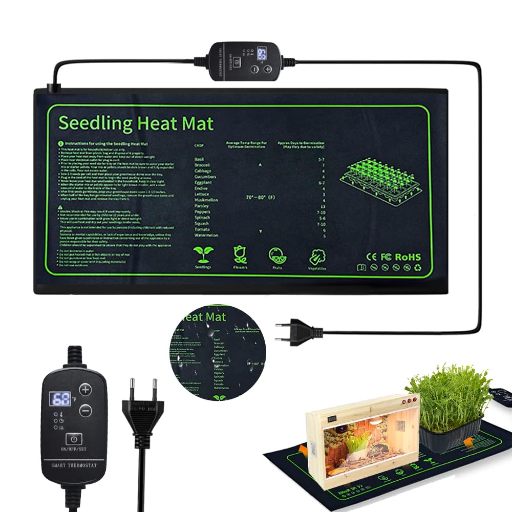 Estera calefactora Ajustable Almohadilla Térmica para Plantas, Estera de Calefacción de Planta con Control de Temperatura y Función de Temporizador, IP68 Impermeable,10 "x 20" 18 Watt
