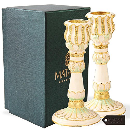 Matashi Shabbat Candlestick (Set da Pezzi), Dipinta a Mano Peltro Dorato | Alto, Design Vintage | Avorio con Disegno di Fiori | Personale o Religiosa Enjoyment