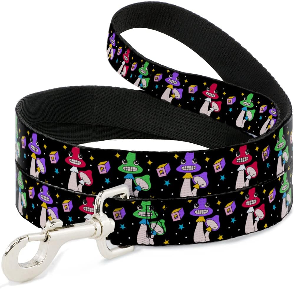 Buckle-Down Pet Leash, Dog Leash, Happy Mushrooms with Stars Black Multi Color, 6 Feet Long 1.0 Inch Wide